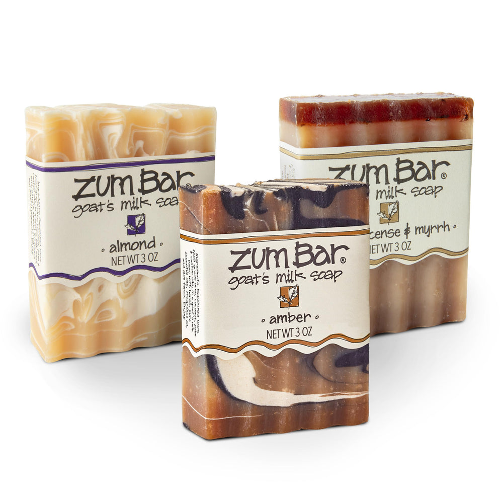 Zum Indigo Wild Goat Milk Soap Bar closeup shows natural ingredients for gentle cleansing