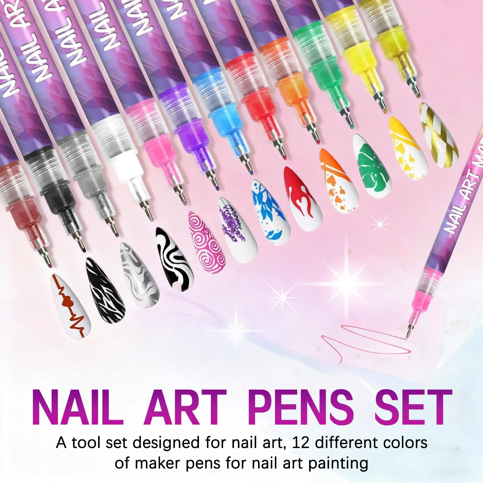 ZWIKAGEF nail art pens set on nails; vivid colors for creative patterns.