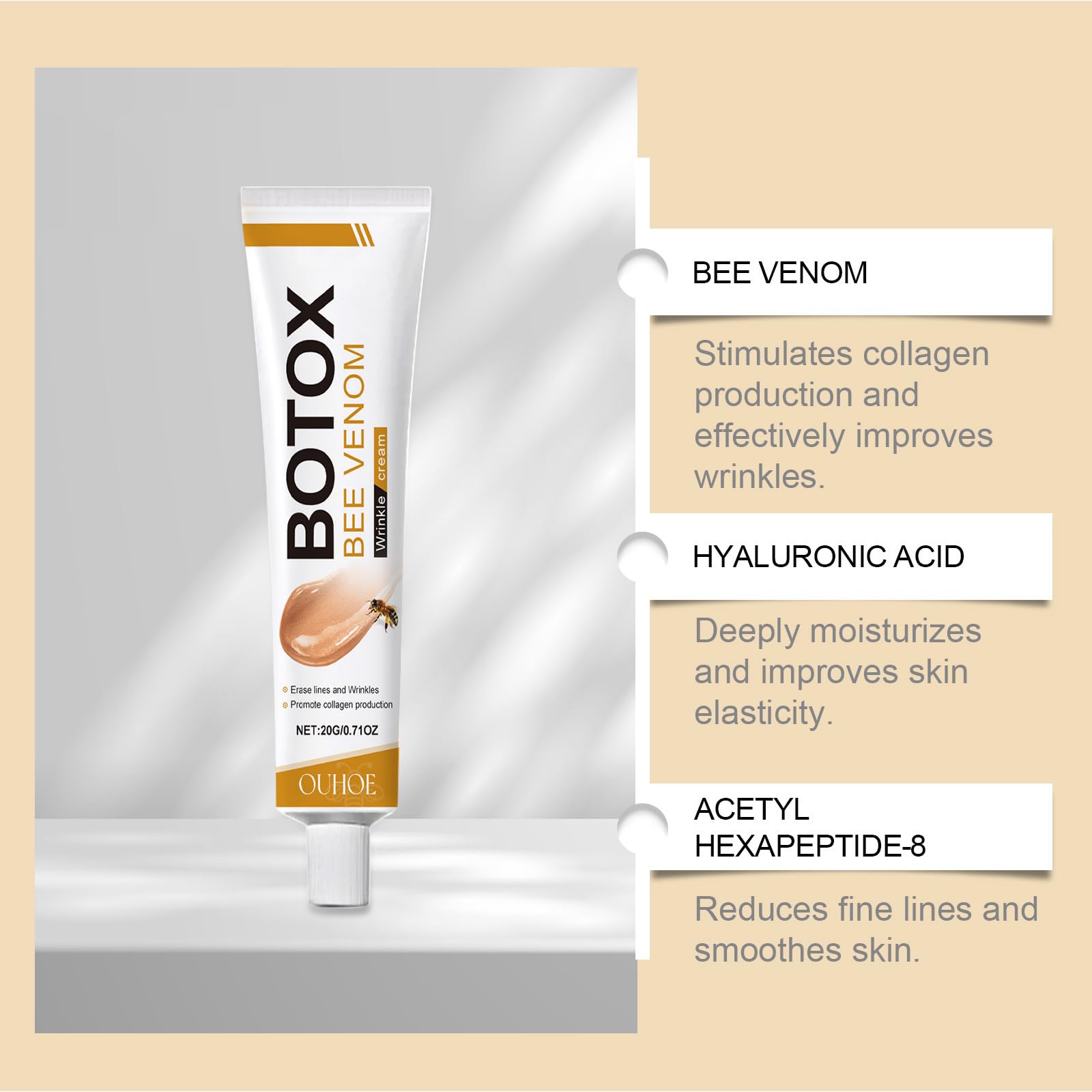 ZXZTSM Botox Bee Venom Cream on hand shows even spread for gentle massage.