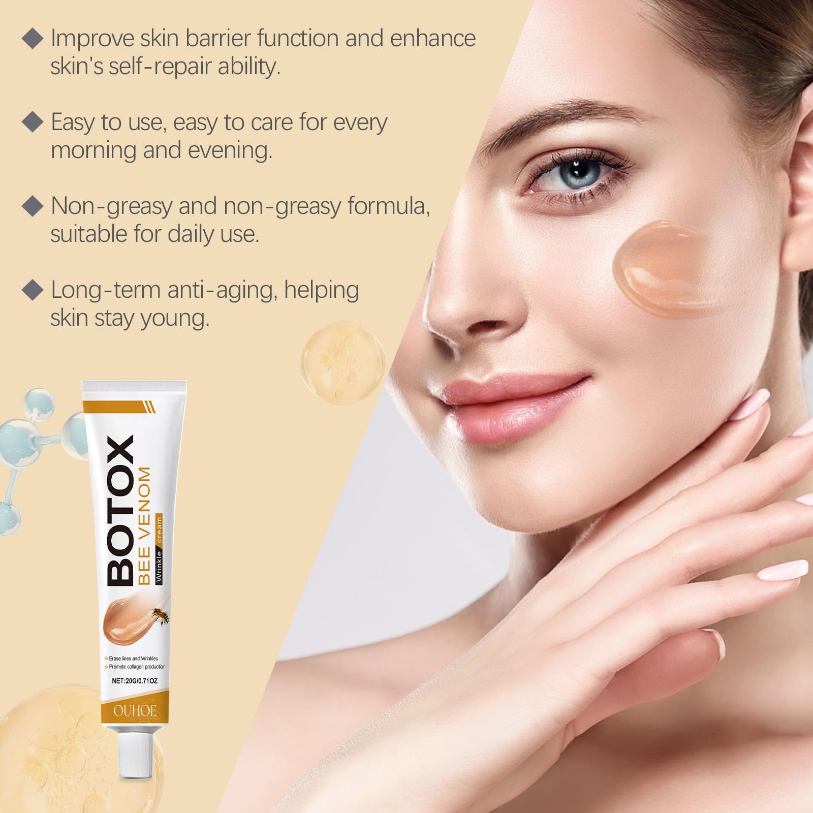 ZXZTSM Botox Bee Venom Cream texture application demonstrates lightweight, non-greasy formula.