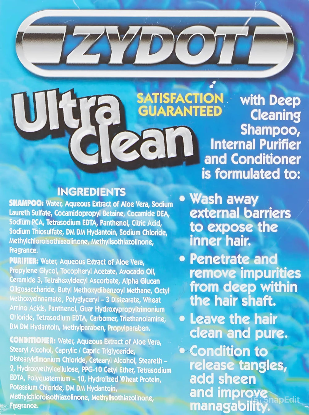 Zydot Ultra Clean Purifier close up illustrates application for penetrating cleansing and impurity flush.
