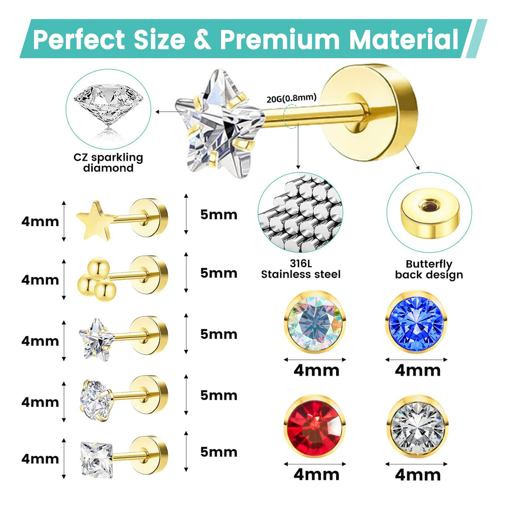 Zygc flat-back stud set with premium finish and secure butterfly backs.