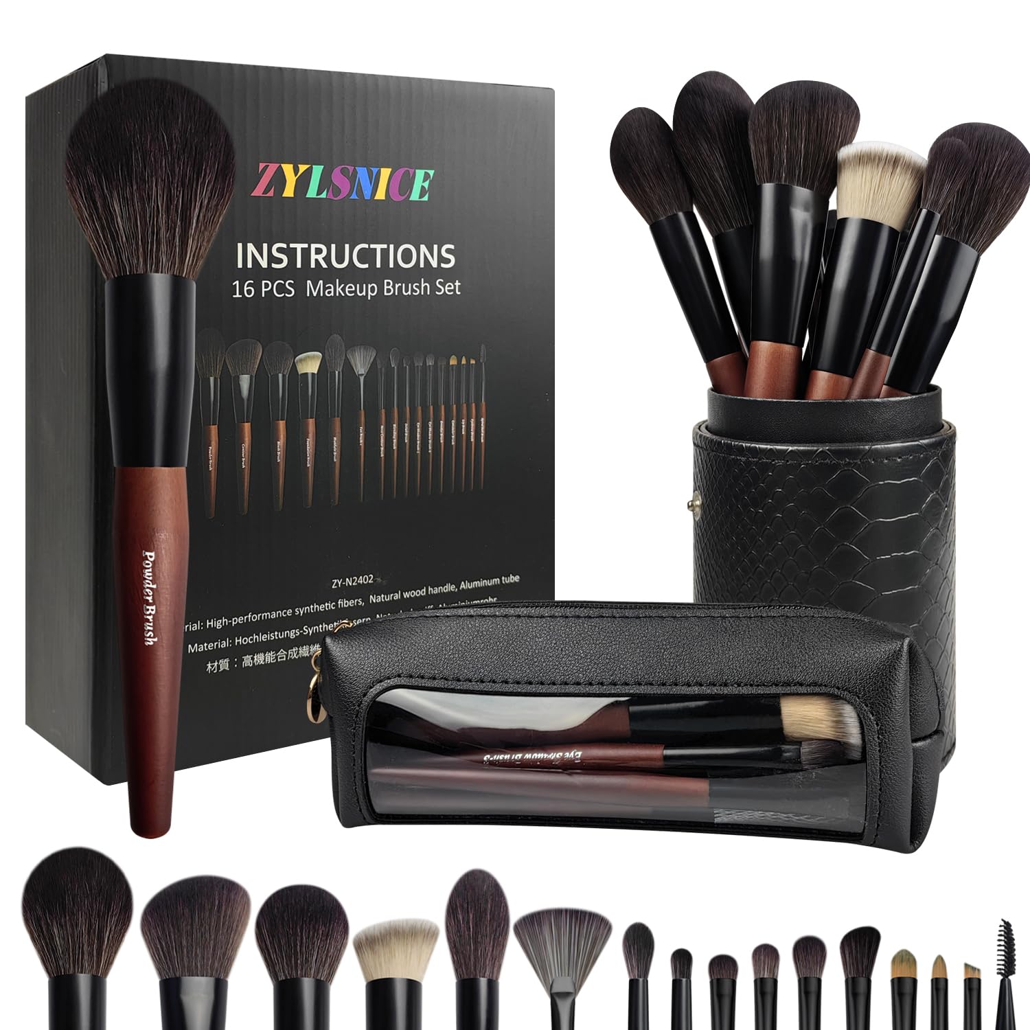 Zylsnice makeup brush set 16-pc packaging for travel-ready styling