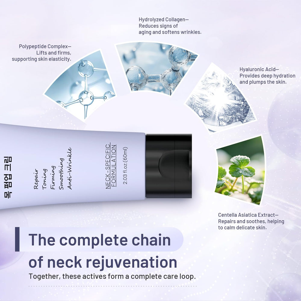ZZILME neck firming cream application demonstrates upward glide for lifting.