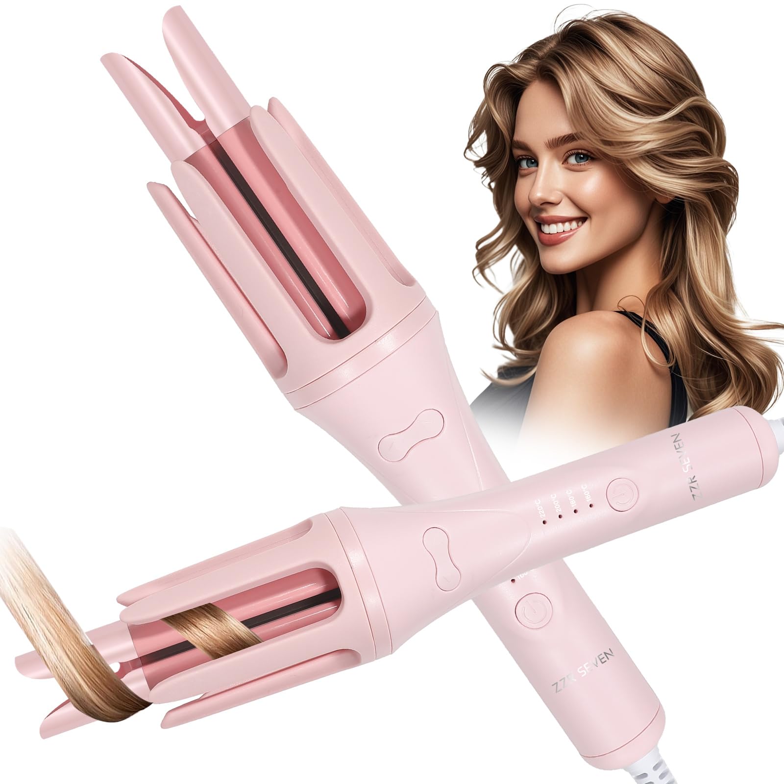 ZZR SEVEN automatic curling iron with pink handle for quick, salon-like curls.
