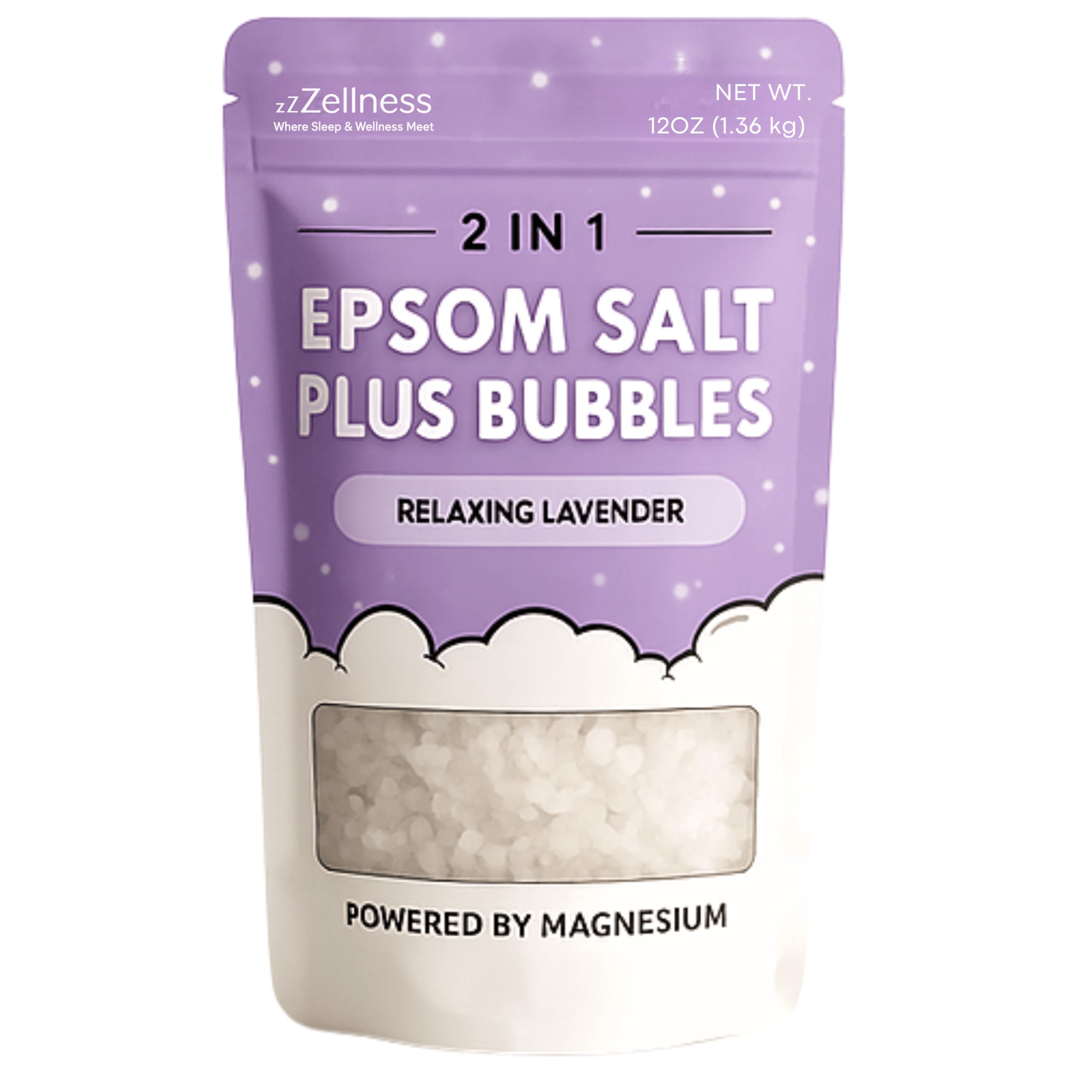 ZZZELLNESS Epsom Salt Plus Bubbles aromatherapy setup for lavender-scented calm