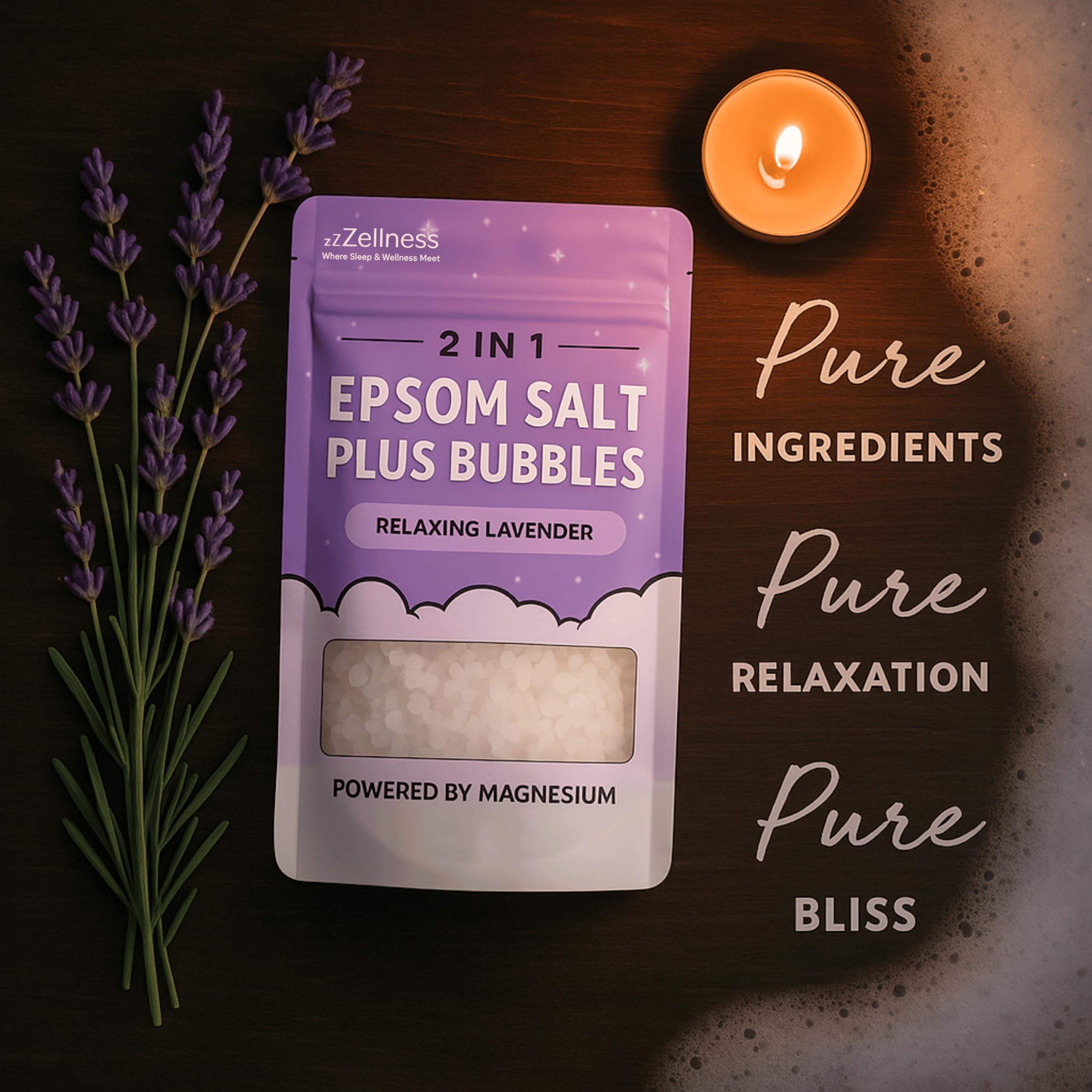 ZZZELLNESS Epsom Salt Plus Bubbles foam closeup highlights fast-dissolving salts for quick relaxation