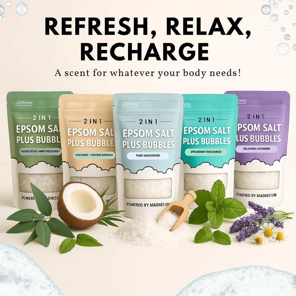 ZZZELLNESS Epsom Salt Plus Bubbles label detail emphasizes simple, gentle ingredients